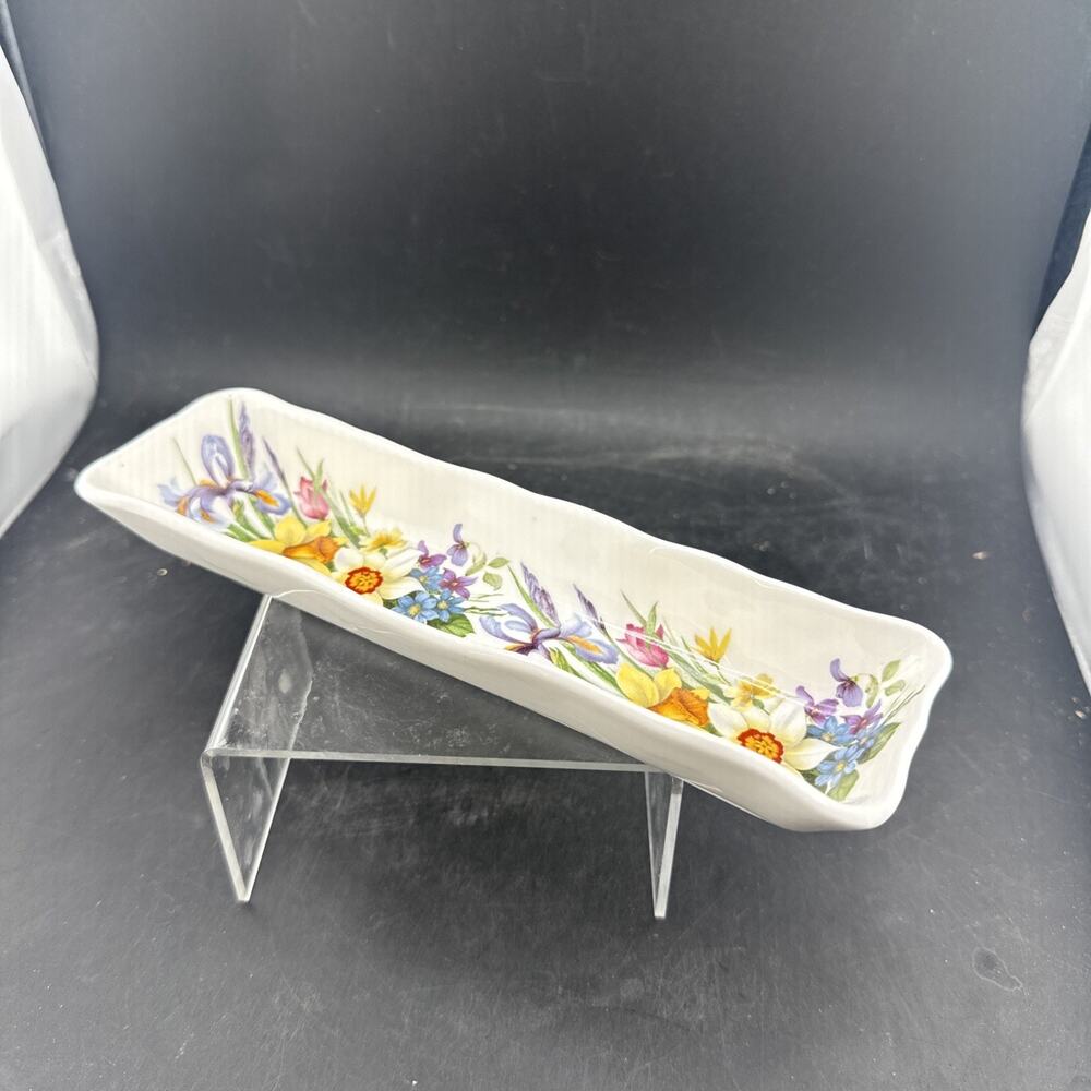 Vintage PS Fine Bone China Oblong Trinket Tray Wildflower Butterfly Floral Dish